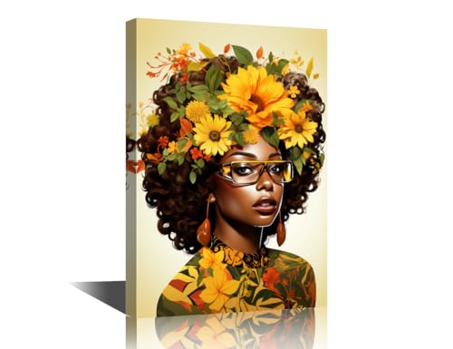 Toile fille afro fleurs tableau mural plein de douceur et de force
