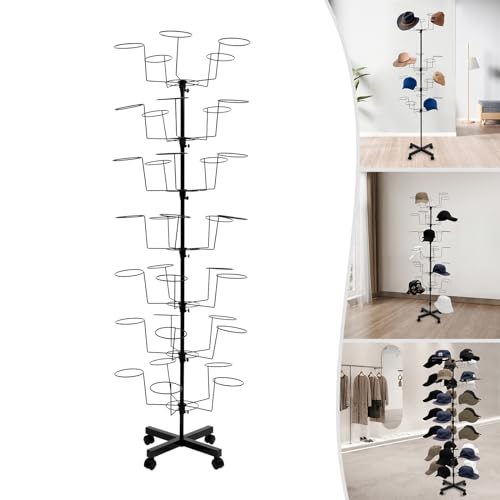 7-Tier Rotating Hat Display Rack Stand 35 Cap Holders,Metal Freestanding Hat Storage Rack,Cowboy Baseball Hat Organizer Rack with Wheels,Adjustable Height Hat Holder for Home,Retail,Clothing Store