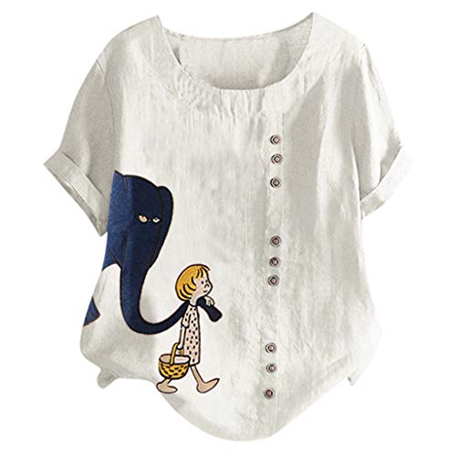 VEMOW Blusas y Camisas de Mujer Verano Tallas Grandes Algodón y Lino con Botones pez Vintage Suelta Moda T-Shirt de Manga Corta tee Tops (A Blanco,4XL)