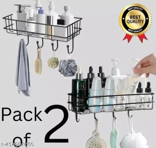 (Pack of 2) Steel Self-Adhesive Multipurpose Bathroom Shelf with Hooks/Towel Holder/Rack/Bathroom Accessories-Wall Mount - Pack of 2 (Black,Powder Coated) 3