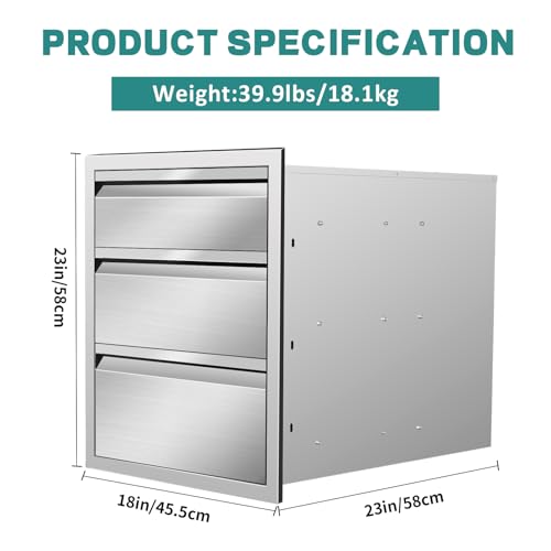 Image of Outdoor Kitchen Drawers 18 inch W x 23 inch H x 23 inch D Stainless Steel Drawer BBQ Triple Drawers with Hidden Handle for Outdoor Kitchen Island, Patio Grill Station