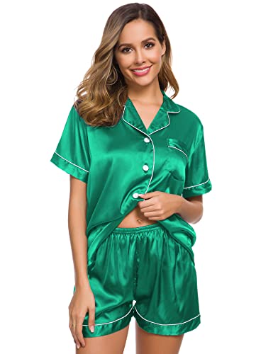 SWOMOG Womens Silk Satin Pajamas Set Button Down Sleepwear Loungewear Emerald Green