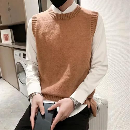 Men's Clothing Vest Crewneck Knit Sweater Waistcoat EN8 Slit Sleeveless Round Collar Korean Style Overfit V2