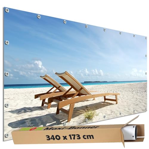 TRIOSK Sichtschutz Garten Dekoration Plane groß mit Natur Motiv Meer Strand Liegestuhl Motivbanner Blickdicht für Terrasse Zaun Gartenzaun Gartenposter PVC Zaunblende 340x173 cm