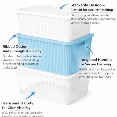 Image of Plastic Storage Box with Lid - Large Stackable Organizer Storage Box for Clothes, Toys, Kitchen - Big Size Plastic Storage Container Basket for Home, Office, Bathroom(Large,3pcs,MultiColor)