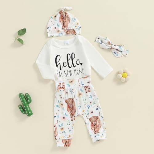 MERSARIPHY Hi I'm New Here Newborn Outfit Baby Boy Girl Going Home Hospital Clothes Letter Romper Pants Infant Clothing Set3