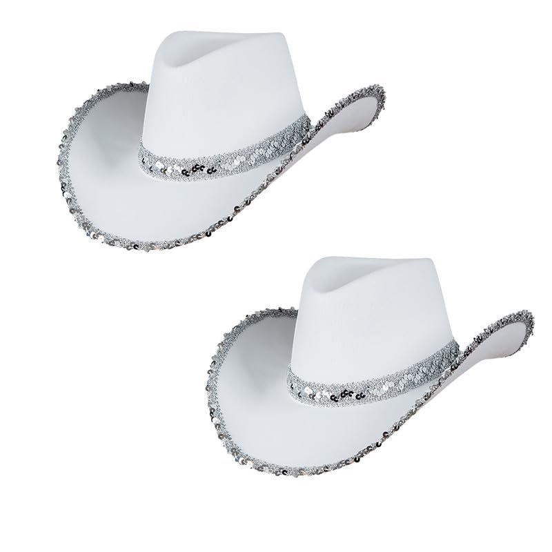 My Illusions 2 Pack Cowgirl Hats Western-Themed Hen Night Fancy Dress Ladies Festival Cowboy Costume Accessories (Sequin White)…