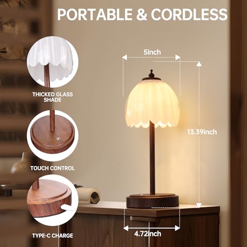 Image of Shenmoyl Tulip Table Lamp with 5200mAh Battery & Touch Control, Small Cordless Table Lamp with 3 Colors, Rechargeable Battery Operated Table Lamps for Bedroom, Desk, Bedside (White-Walnut Color)
