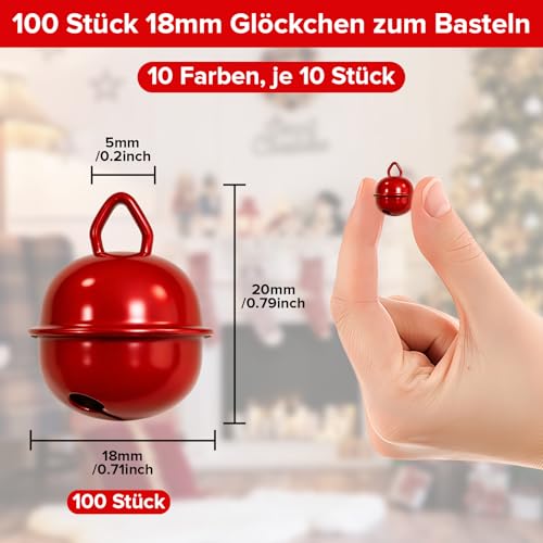 HavaCue 100 Stück Glöckchen zum Basteln, 18mm Jingle Bells, Kleine Glöckchen Bunt (10 Farben) mit Ösen als Schmuck Handwerk Anhänger Schellen Glocken, Weihnachtsglöckchen, DIY Haustier Metallglöckchen