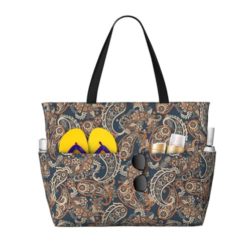 Paisley Pattern No.9081 Large Beach Bag Waterproof Sandproof Swim Tote Pool Bag For Women With Zipper