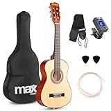 MAX SoloArt - 1/4 Gitarre Kinder ab 3 Jahre - Akustik Gitarre inkl. Tasche, Plektrum, Gurt und Saiten-Zubehör, Kindergitarre 3 Jahre, Guitar in Natur Holz