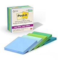 Post-it 100% Recycled Paper Super Sticky Notes, 2X The Sticking Power, 3x3 in, 5 Pads, 70 Sheets/Pad, Oasis Collection (654R-5SST)