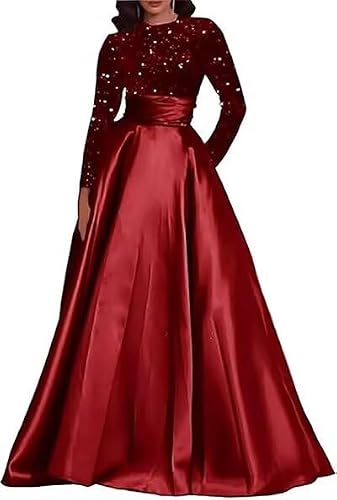 EBAKUS A-line Satin Prom Dresses Long Sleeves Wine Red Sequins Formal Maxi Dresses Long with Pockets 14