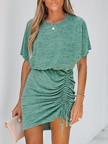 Image of CUPSHE Women's Knit Ruched Drawstring Dress Short Dolman Sleeves Round Neckline Dresses Casual Summer
