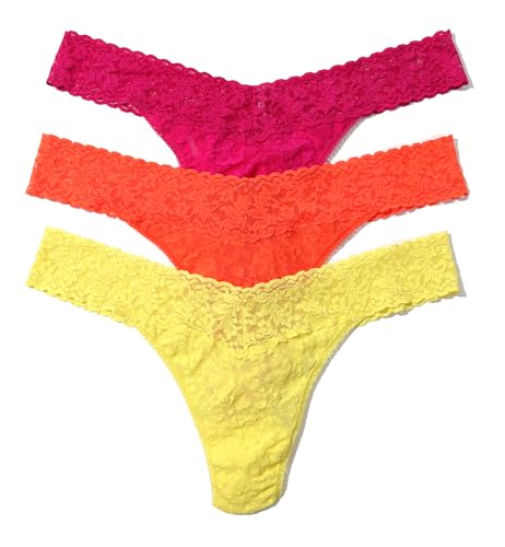 Hanky Panky Women's Signature Lace Plus Size Thong 3 Pack, Pink Ruby/Orange Sparkle/Lime Light