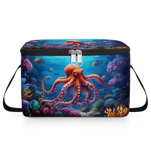 GzLeyigou Octopus Red Lunch Bags for Women Men 9 Cans, Hot & Cold Food Delivery Bag Insulated Grocery Bag Insulated Lunch Box Under the Sea Cooler Bag for Office Work Picnic Beach