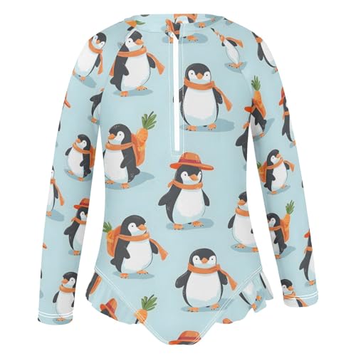 Cute Penguin Carrot Girls Long Sleeve Swimsuit Rash Guard One Piece Bathing Suits Zipper 3-12T2