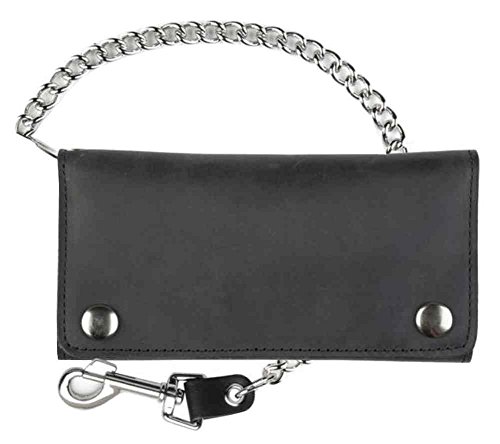 Men's Credit Card Tri-Fold Biker Style Chain Wallet, Black Genuine Leather BW339