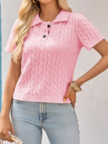 Image of Imily Bela Womens Polo V Neck Pullovers Lightweight Short Sleeve Cable Knit Sweater Business Casual Summer Tops 2025