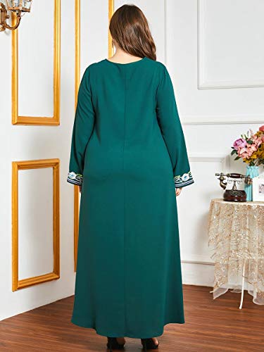 Bigfanshu Roupão árabe feminino moderno com gola redonda verde étnico confortável bordado manga long