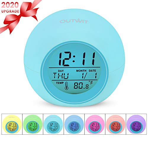 Outwit Kids Alarm Clock2020 Version, Student Digital Clock for Boys Girls, 7 Colors Changing Light Bedside Clock for Children's Bedroom, Indoor Temperature Touch Control Snoozing for Heavy Sleeper