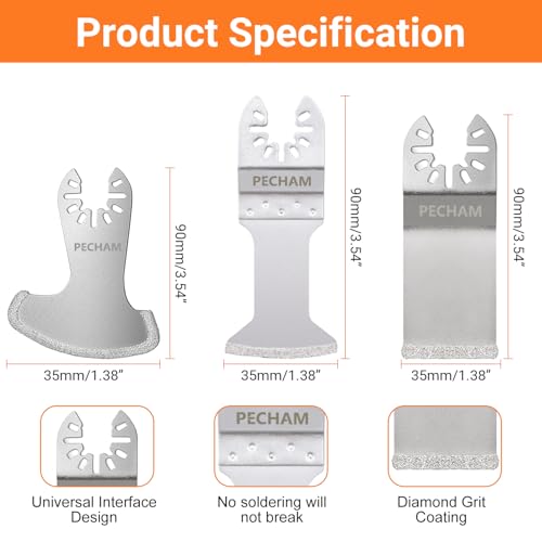 Image of PECHAM 9PCS Diamond Oscillating Tool Blade, Multi Tool Blades Kits for Grout Removal and Soft Tile Cut, Fit Porter Cable Black & Decker Rockwell Ridgid Ryobi Milwaukee Chicago Craftsman