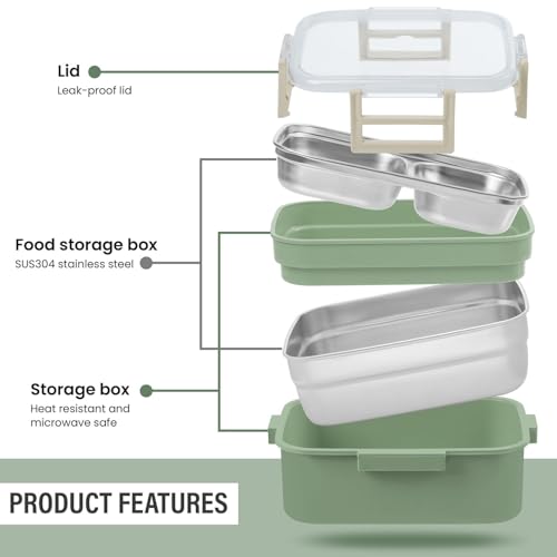 Image of ABOUT SPACE Lunch Box - 2 Tier Compartment 1200ml Insulated Tiffin Box with Silicon Gaskets Lid, No Leak-Proof Diet Food Partition Stainless Steel Bento Box for Men,Women,Kids - Green