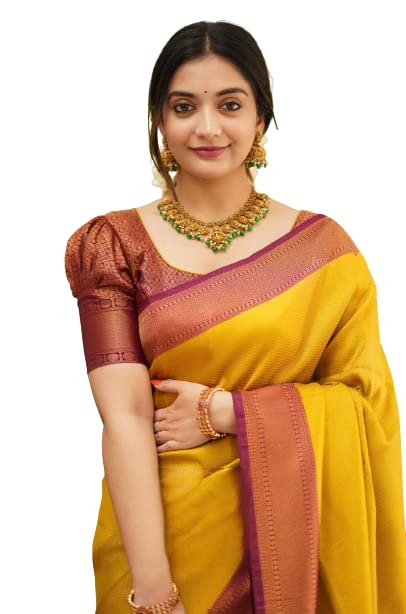 Flosive Women's Present Banarasi Soft Lichi Silk Saree Beautiful Jacquard Rich Pallu Design Work Zari Woven Kanjivaram Silk Style Saree With Soft Lichi Silk Blouse Piece Ayn Royal Look 5512 (Yellow)