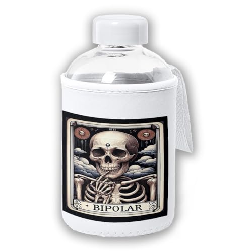 MERCHANDMANIA Bidón cristal con Funda soft shell carta tarot graciosa meme trastorno bipolar locura tapon seguridad botella