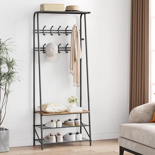 IDEALHOUSE Coat Rack Shoe Bench with 8 Hooks, Hall Trees Entryway Bench with Storage, Multifunctional Hallway Organizer, Wood Look Accent Furniture with Metal Frame for Entryway, Living Room, Bedroom