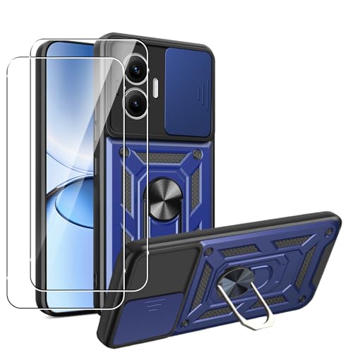 MEMELOKA Cover per Xiaomi POCO F7 con Vetro Temperato, Custodia Militare Antigraffio + Cavalletto in Metallo Rotante a 360°, Antiurto Custodia con Slidable Fotocamera Proteggi, Blu