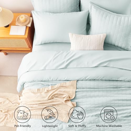 Image of CozyLux Queen Comforter Set Ice Blue, 7 Pieces Seersucker Textured Luxury Bed in a Bag Queen, All-Season Soft Bedding Sets with Down Alternative Comforter, Sheets, Pillowcases & Shams, Bedroom Bed Set