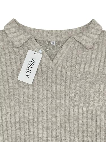Image of VISLILY Womens-Plus-Size-Tops Collared V Neck Polo Shirts Lightweight Long Sleeve Sweaters Trendy Pocket Decor Tunic Blouses