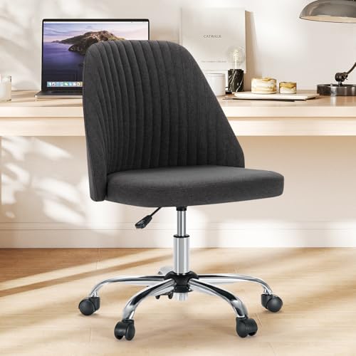 Image of Sweetcrispy Armless Vanity Chair, Cute Comfy Home Office Desk Chair with Wheels, Modern Upholstered Task Computer Seat for Bedroom, Study, Makeup Vanity, Height Adjustable & Swivel, Deep Gray