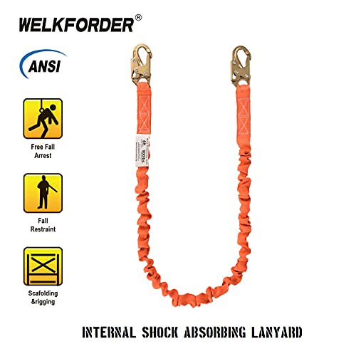 Welkforder 6-Foot Internal Shock Absorbing Safety Lanyard With Double Forging Snap Hook Connectors Ansi Z359.13-2013 Compliant Fall Protection Equipment (1 Pack) #TOP1