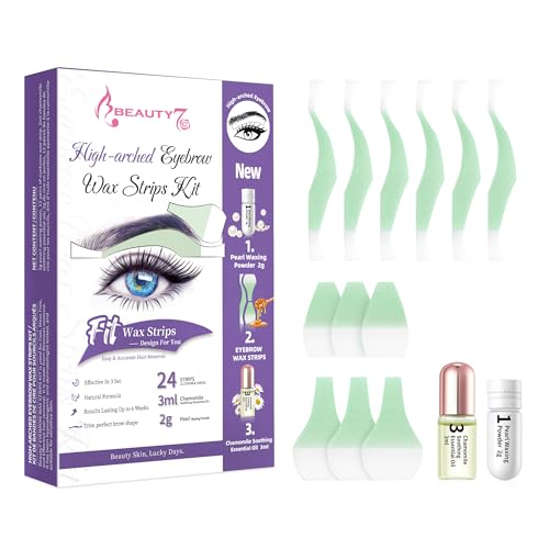 Beauty7 Eyebrow Waxing Strips High-arched Form Eyebrow Strips Pre-cut for Face Quick Hair Removal Facial with 24 Waxing Strips + 3ml Soothing Oil After Wax 2g Pearl Powder