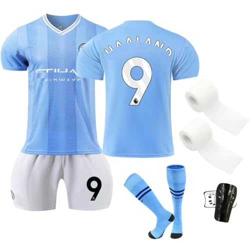 sinirttou Conjunto de Fútbol de Jersey para Niños Azul con Camiseta y Pantalones Cortos, Vendaje de Retención, Nro. 9 Camiseta de Fútbol para Niño y Niña(Talla 28)
