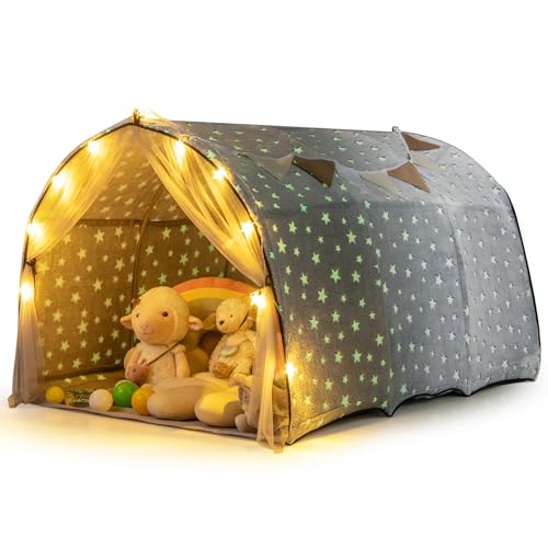 HONEY JOY Bed Tent for Kids, Large Twin Bed Canopy w/Star Lights, Flags, Glow in The Dark, Indoor Outdoor Toddler Playhouse, 54