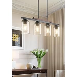 Amico Dining Room Light Fixture 4-Light Kitchen Island Lighting with Adjustable Rods, Farmhouse Decor Black Metal & Wood Chandelier with Seeded Glass Shade, Island Lights for Kitchen Amico Dining Room Light Fixture 4 Light Kitchen Island Lighting with Adjustable Rods Farmhouse Decor Black Metal Wood Chandelier with Seeded Glass Shade Island Lights for Kitchen