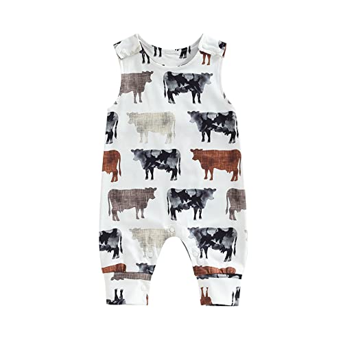 Image of Karuedoo Western Baby Boy Girl Clothes Cow Print Sleeveless Romper Jumpsuit One Piece Bodysuit Outfit Boho Summer Clothes