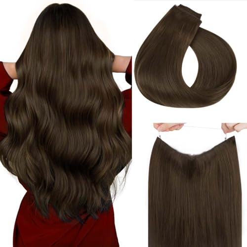 HOTBANANA Extensiones de pelo de alambre, 35,56 cm, 75 g, color marrón chocolate, cabello humano real, lacio, invisible, extensiones de cabello Remy