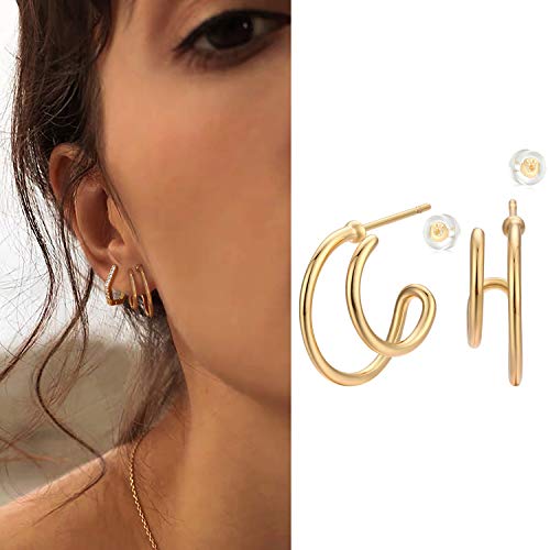 Myears Women Double Hoop Earrings Gold Open C Shape 14K Gold Filled Small Simple Handmade Hypoallergenic Everyday Illusion Jewelry #TOP2