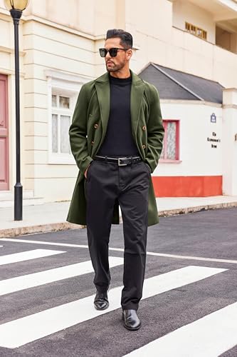 Image of Runcati Mens Trench Coat Notch Lapel Slim Fit Double Breasted Casual Long Business Pea Coat Overcoat