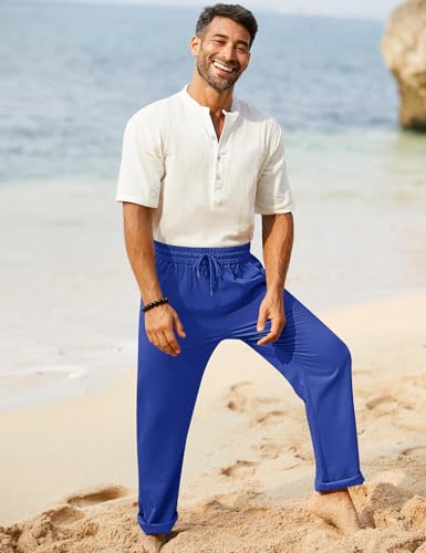 Image of iWoo Linen Pants Men Casual 2025 Summer Beach Elastic Drawstring Waist Yoga Pants Travel Baggy Work Pant Pajama