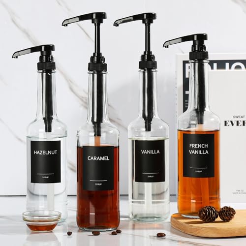 ALPIRIRAL 16oz Coffee Syrup Dispenser for Coffee Bar, Glass Syrup Dispenser with 1/4oz Large Capacity Pump, Black Syrup Bottles for Coffee Bar Accessories Decor and Organizer, 4 Pack,