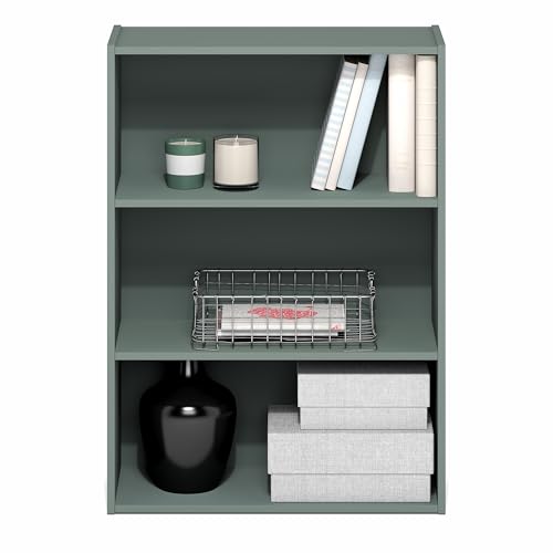 Image of Furinno PASIR Book Shelf, 3-Tier Bookshelf, Storage Shelves Bookcase, 9.7 x 23.7 x 31.5, for Living Room, Bedroom, Home Office, Sage Green