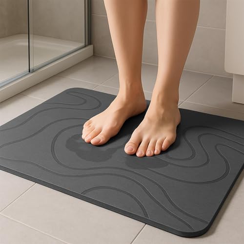K Collection Stone Bath Mat Premium Diatomite Mat for Bathroom or Kitchen Natural Non Slip Wudu Mat Ultra Fast Drying Eco Friendly & Anti Mould Dark Grey