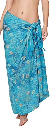 INGEAR Beach Long Batik Sarong Womens Swimsuit Wrap Cover Up Pareo with Coconut Shell Included (Blue Leaf)