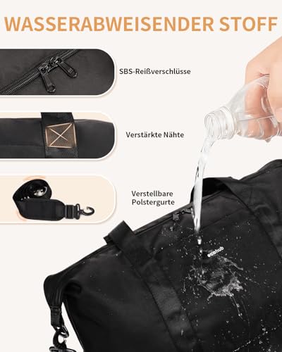 ECOHUB 30L Reisetasche Handgepäck Groß, für Easyjet Handgepäck 45x36x20, Faltbare Handgepäck Tasche für Flugzeug, Sporttasche mit Abnehmbar Nass-Tasche, Weekender Damen Herren(Schwarz)