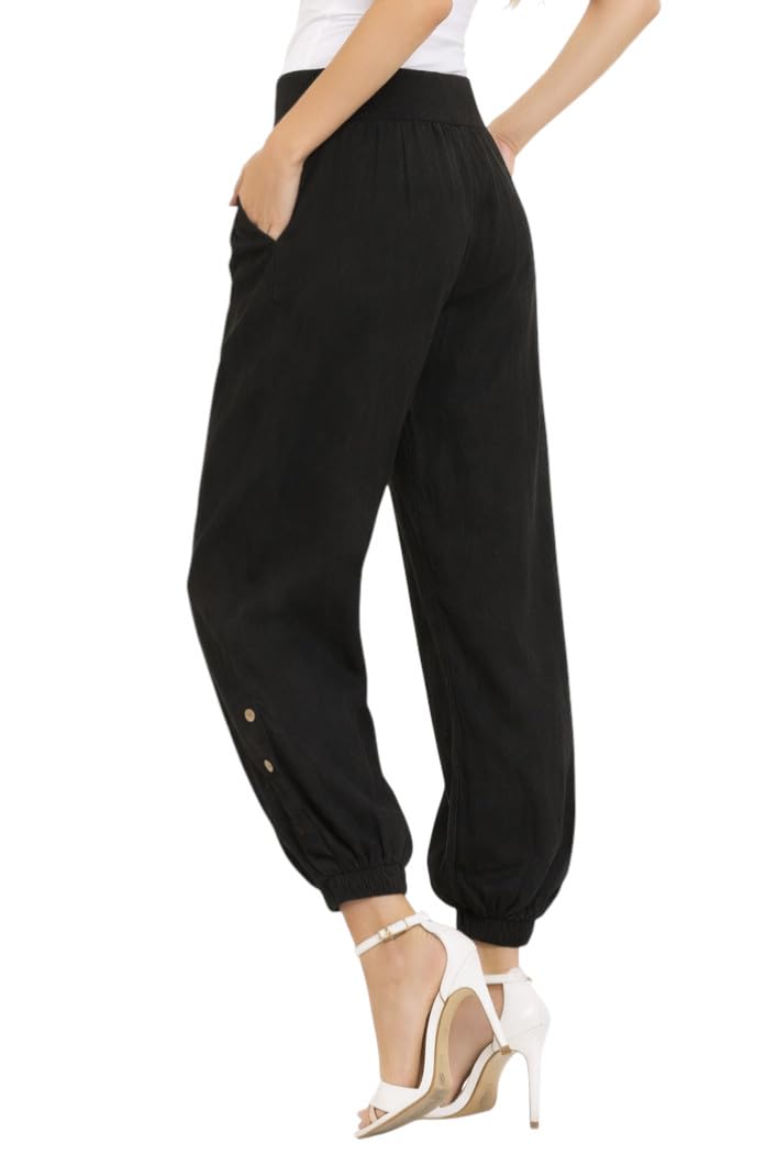 Mississhop Pantalon de loisirs décontracté pour femme en toile 100 % lin avec boutons uni - Noir - W44